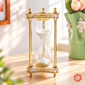 Toàn dáng đồng hồ cát cổ điển khung vàng trên bàn sáng