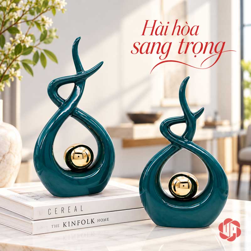 Đồ Trang Trí Decor Nghệ Thuật Xanh Ngọc Ôm Cầu Vàng UP027 Đồ trang trí decor cặp tượng xanh ngọc cạnh hoa trắng