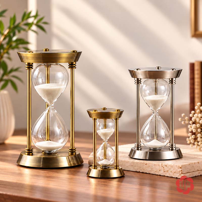 Đồ Trang Trí Decor, Đồng Hồ Cát Khung Tròn UPV007 Ba đồng hồ cát gồm hai khung vàng và một khung bạc trên bàn sáng