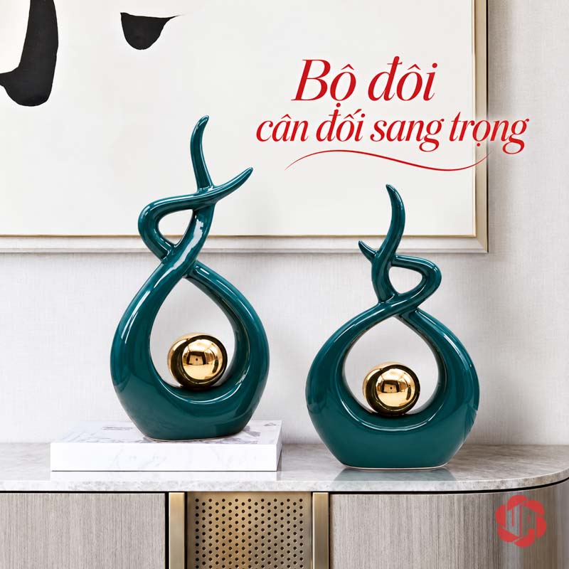 Đồ Trang Trí Decor Nghệ Thuật Xanh Ngọc Ôm Cầu Vàng UP027 Đồ trang trí decor hai tượng xanh trên kệ sáng màu