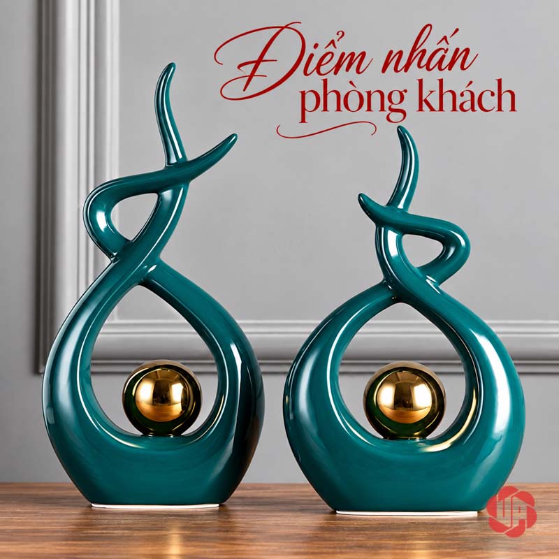 Đồ Trang Trí Decor Nghệ Thuật Xanh Ngọc Ôm Cầu Vàng UP027 Đồ trang trí decor ôm cầu vàng trên mặt bàn gỗ