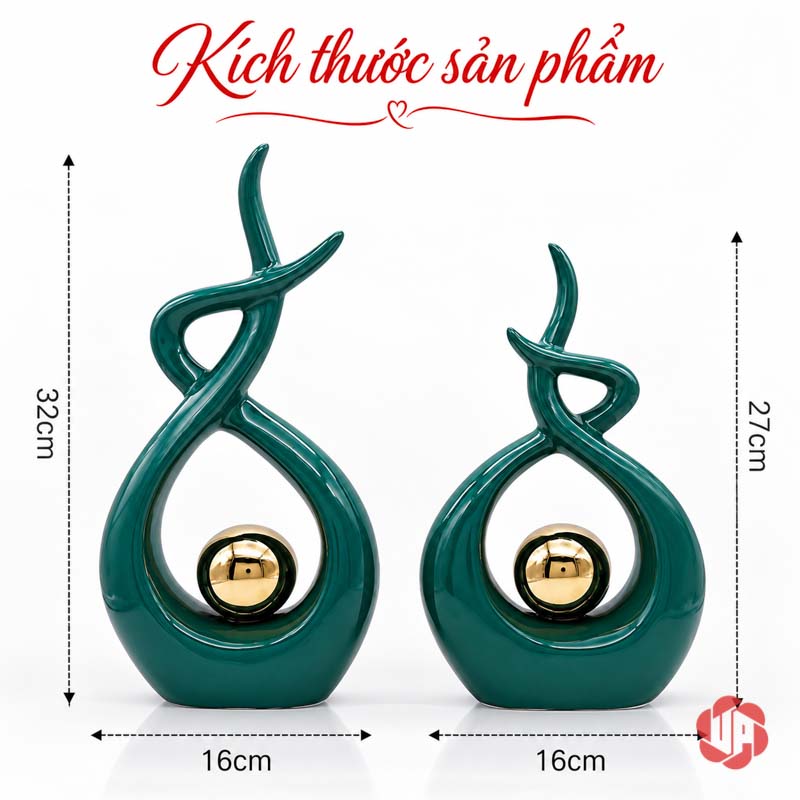 Đồ Trang Trí Decor Nghệ Thuật Xanh Ngọc Ôm Cầu Vàng UP027 Đồ trang trí decor sơ đồ kích thước cặp tượng xanh