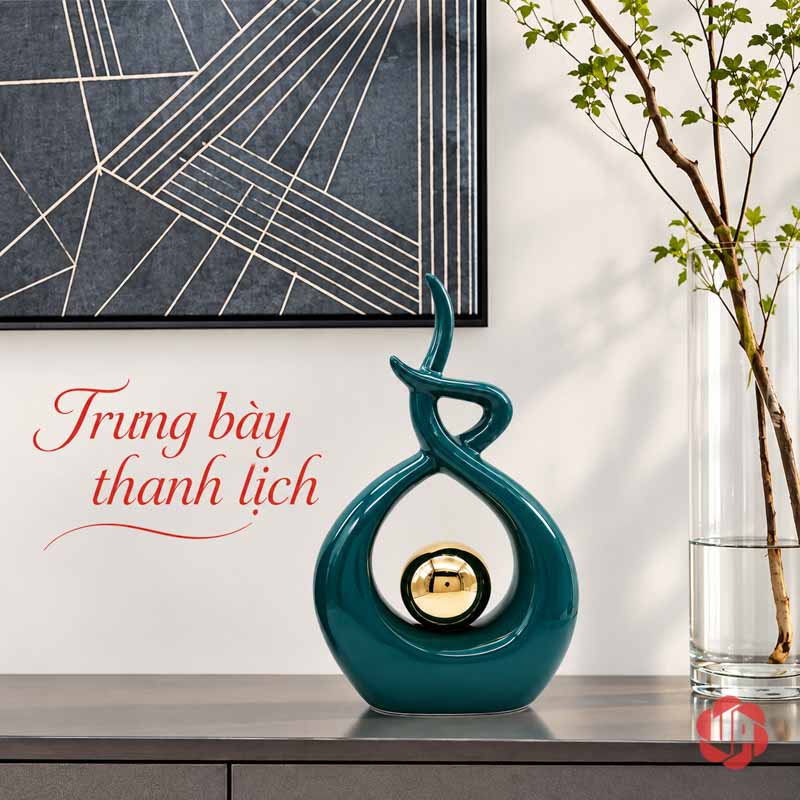 Đồ Trang Trí Decor Nghệ Thuật Xanh Ngọc Ôm Cầu Vàng UP027 Đồ trang trí decor tượng xanh đơn cạnh bình thủy tinh