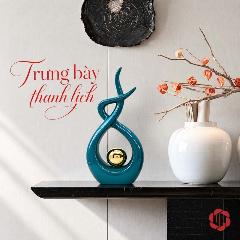 Đồ Trang Trí Decor Nghệ Thuật Xanh Ngọc Ôm Cầu Vàng UP027 Đồ trang trí decor xanh ngọc cạnh bình trắng và cành khô