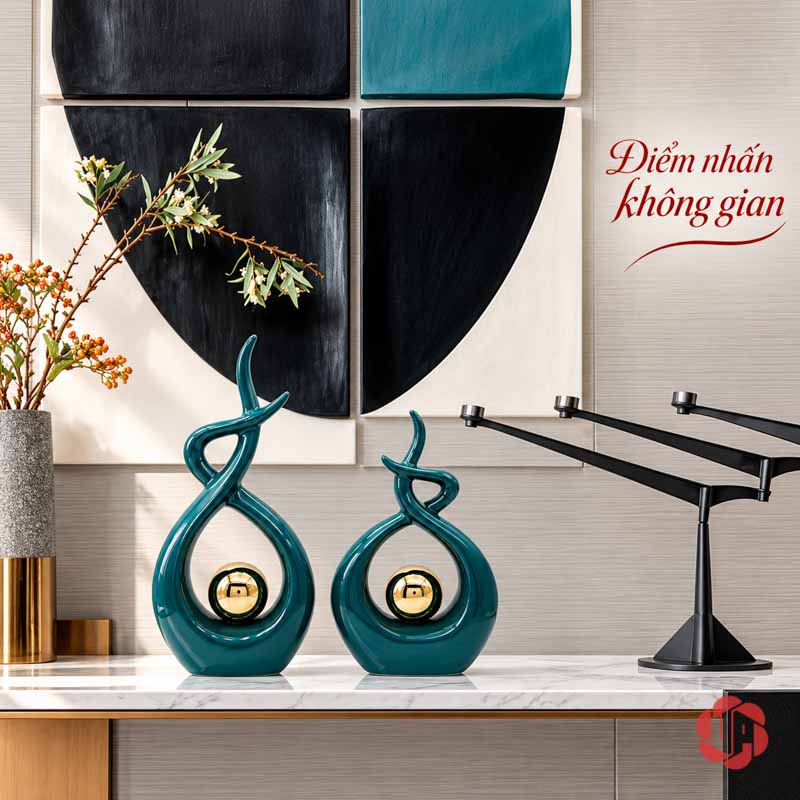 Đồ Trang Trí Decor Nghệ Thuật Xanh Ngọc Ôm Cầu Vàng UP027 Đồ trang trí decor xanh ngọc dưới tranh hình học