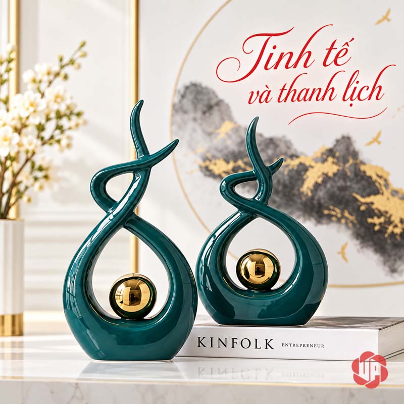 Đồ Trang Trí Decor Nghệ Thuật Xanh Ngọc Ôm Cầu Vàng UP027 Đồ trang trí decor xanh ngọc phối sách cạnh tranh phong cảnh