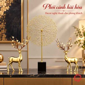 Cặp tượng hươu đồng hoa trắng phối đồ decor hình tròn