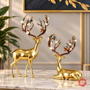 Đồ trang trí nội thất cao cấp với đôi hươu đồng sừng hoa và chim