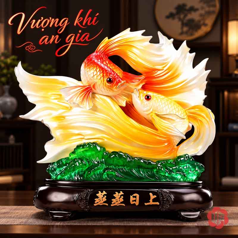 Tượng Trang Trí Phong Thủy Đôi Cá Koi May Mắn UPV081 Đôi cá Koi vàng đỏ đặt trên tủ gỗ nền tối