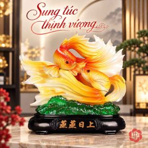 Đôi cá Koi vây dài trên mặt bàn vân đá sáng