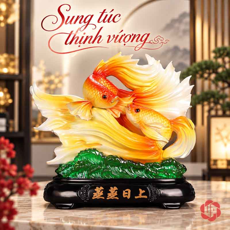 Tượng Trang Trí Phong Thủy Đôi Cá Koi May Mắn UPV081 Đôi cá Koi vây dài trên mặt bàn vân đá sáng