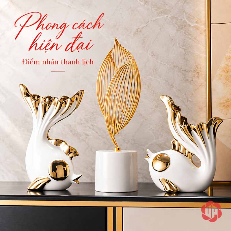 Tượng Decor Đôi Cá Trắng Vàng Và Ngọn Lửa UPS034 Đôi cá và ngọn lửa trên mặt tủ phong cách hiện đại