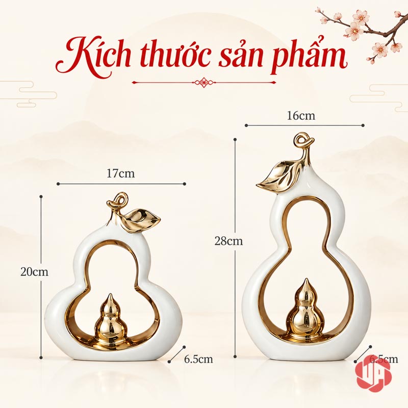 Decor Trang Trí Đôi Hồ Lô Gốm Sứ UP066V Sơ đồ hai hồ lô rộng 17 cao 20 cm và rộng 16 cao 28 cm