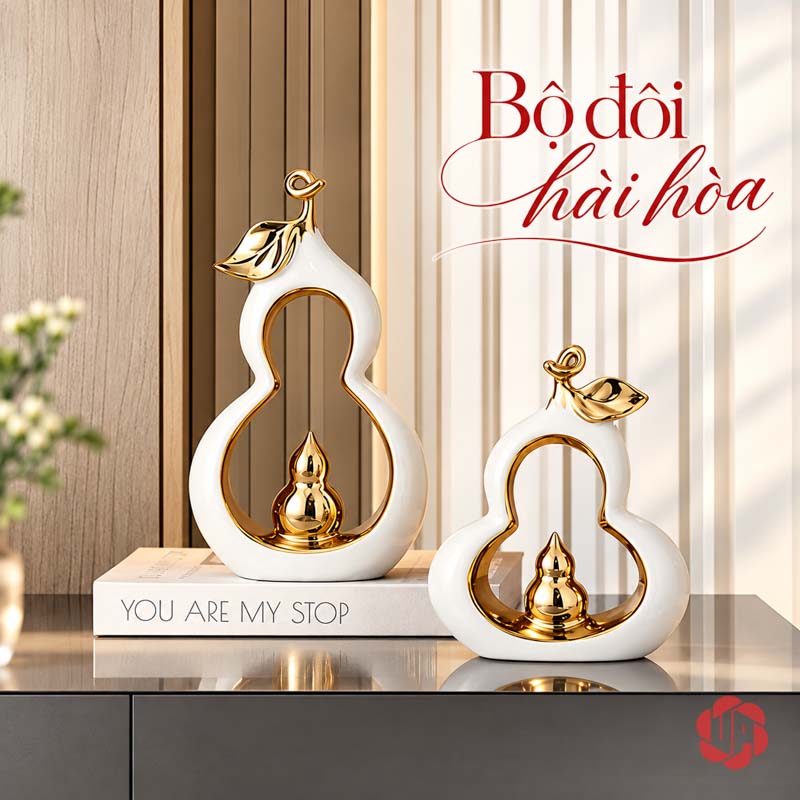 Decor Trang Trí Đôi Hồ Lô Gốm Sứ UP066V Cặp hồ lô trắng đặt lệch cao độ trên kệ