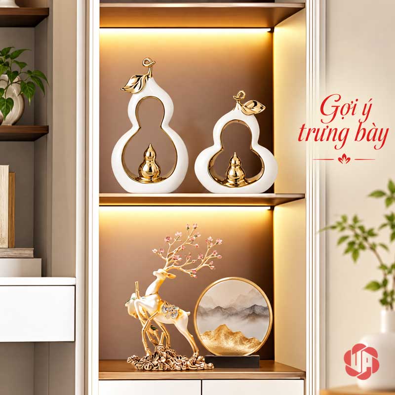 Decor Trang Trí Đôi Hồ Lô Gốm Sứ UP066V Cặp hồ lô trắng trong ô tủ có đèn