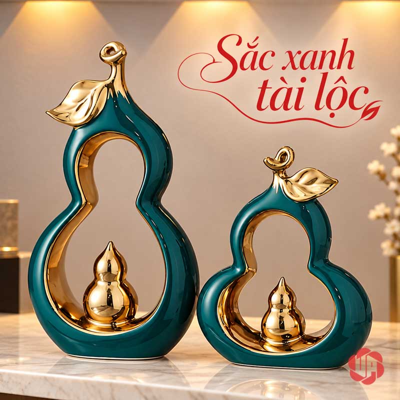 Decor Trang Trí Đôi Hồ Lô Gốm Sứ UP066V Đôi hồ lô xanh Bắc Âu phối viền vàng