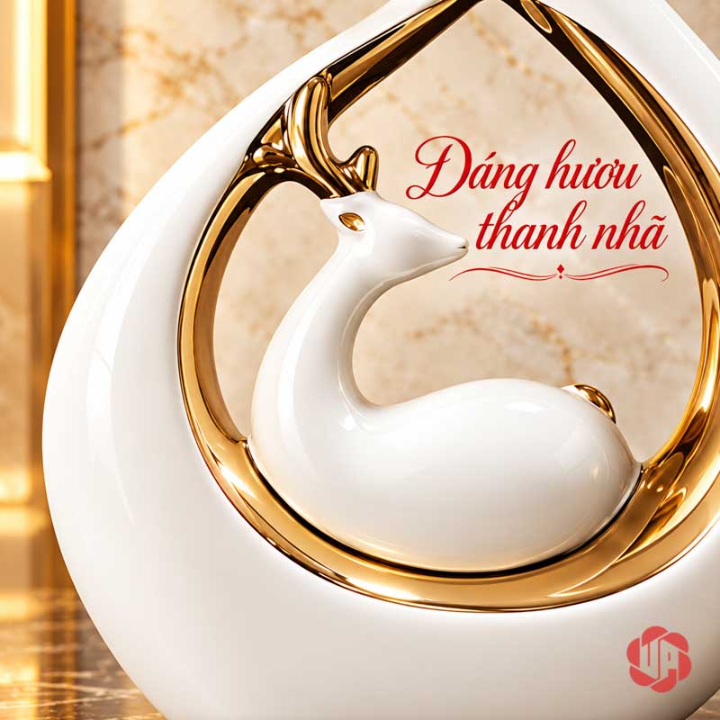 Đồ Decor Đôi Hươu Và Trái Tim Gốm Sứ UP069V Cận hươu trắng và sừng vàng bên trong khung