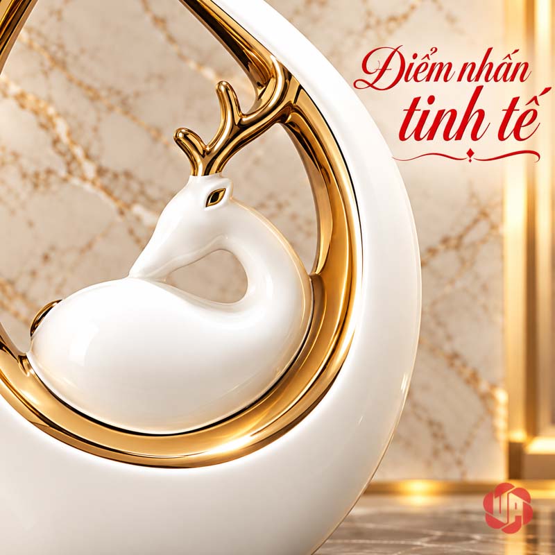 Đồ Decor Đôi Hươu Và Trái Tim Gốm Sứ UP069V Góc cận hươu trắng cuộn mình trong viền vàng