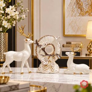 Đôi hươu gốm sứ phối hoa mặt trời trong phòng khách sáng