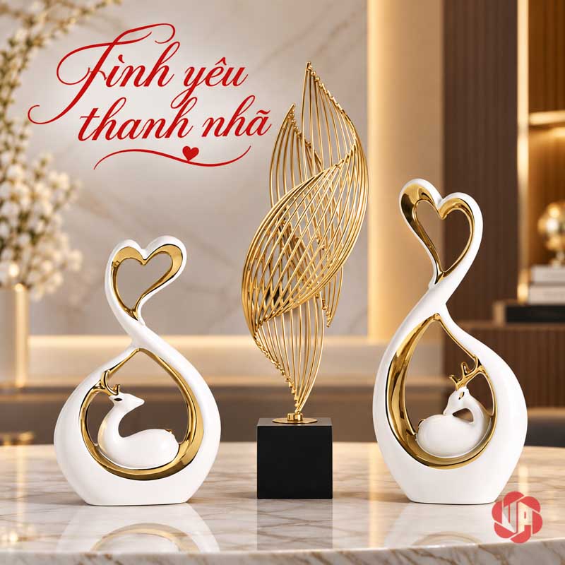 Đồ Decor Đôi Hươu Và Trái Tim Gốm Sứ UP069V Cặp hươu trái tim đặt hai bên tượng xoắn vàng
