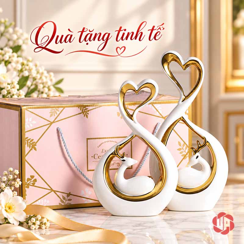 Đồ Decor Đôi Hươu Và Trái Tim Gốm Sứ UP069V Đôi hươu trái tim đặt trước hộp trong phối cảnh quà tặng