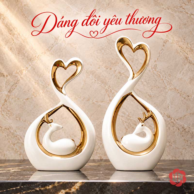 Đồ Decor Đôi Hươu Và Trái Tim Gốm Sứ UP069V Đôi hươu trái tim trắng vàng nhìn chính diện