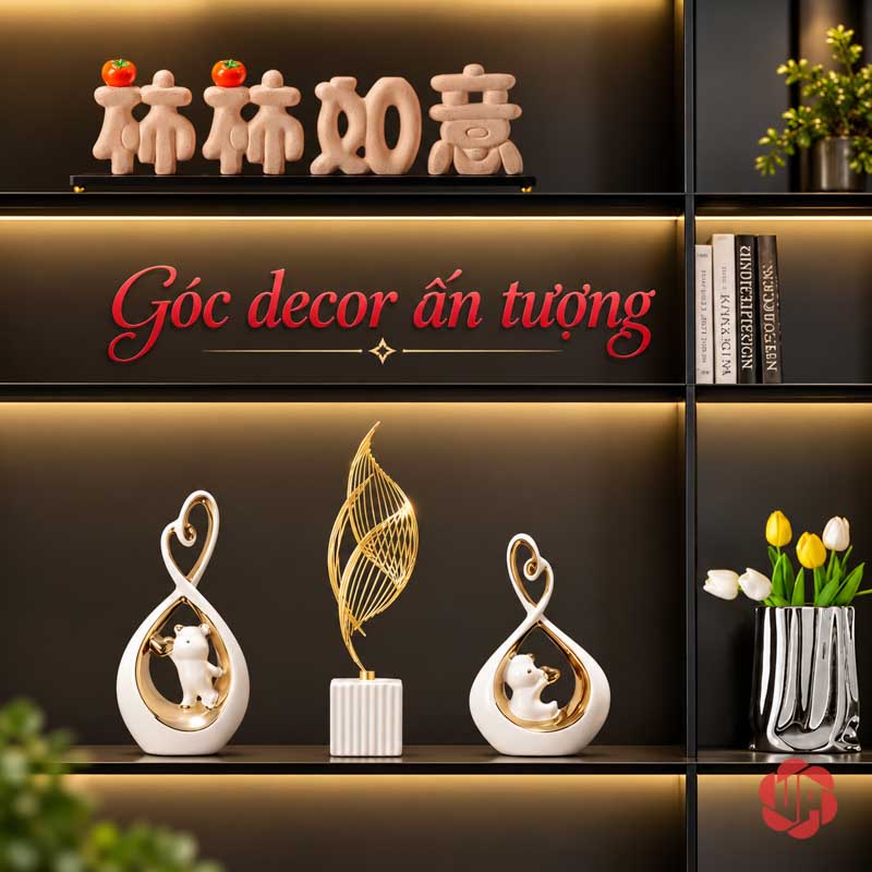 Đồ Decor Đôi Hươu Và Trái Tim Gốm Sứ UP069V Cặp hươu trái tim trong ô kệ cạnh tượng xoắn