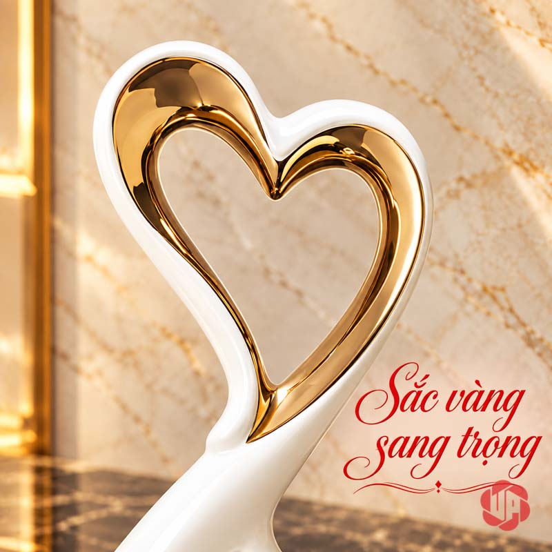 Đồ Decor Đôi Hươu Và Trái Tim Gốm Sứ UP069V Góc nghiêng trái tim viền vàng trên thân trắng