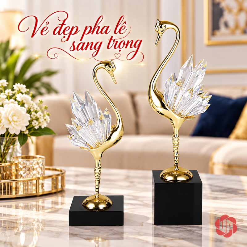 Tượng Decor Đôi Chim Thiên Nga Bằng Đồng UPD072 Đôi thiên nga nhìn gần với cánh trong suốt xòe nhiều lớp