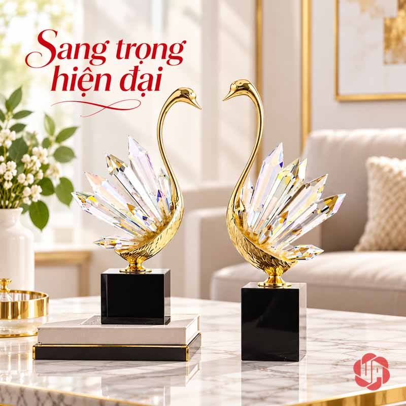 Tượng Decor Đôi Chim Thiên Nga Cao Cấp, Đồng Và Pha Lê UPD072-A Đôi thiên nga pha lê trên đế đen trong không gian tông kem