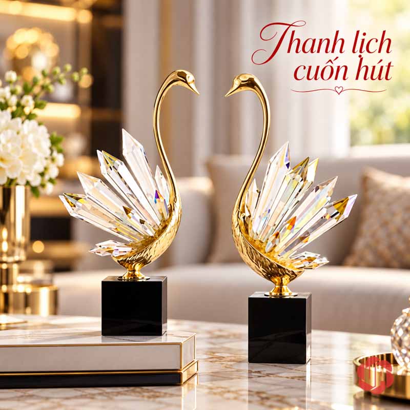 Tượng Decor Đôi Chim Thiên Nga Cao Cấp, Đồng Và Pha Lê UPD072-A Đôi thiên nga pha lê bày cạnh nhau, một chân đế kê trên sách