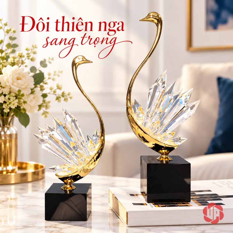 Tượng Decor Đôi Chim Thiên Nga Cao Cấp, Đồng Và Pha Lê UPD072-A Đôi thiên nga pha lê bày cạnh hoa và sách trong phòng khách