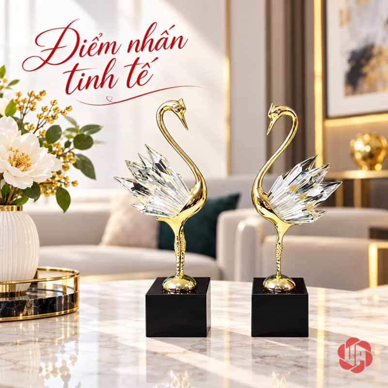 Tượng Decor Đôi Chim Thiên Nga Bằng Đồng UPD072 Đôi thiên nga cánh trong suốt đặt trên mặt bàn sáng trong phòng khách