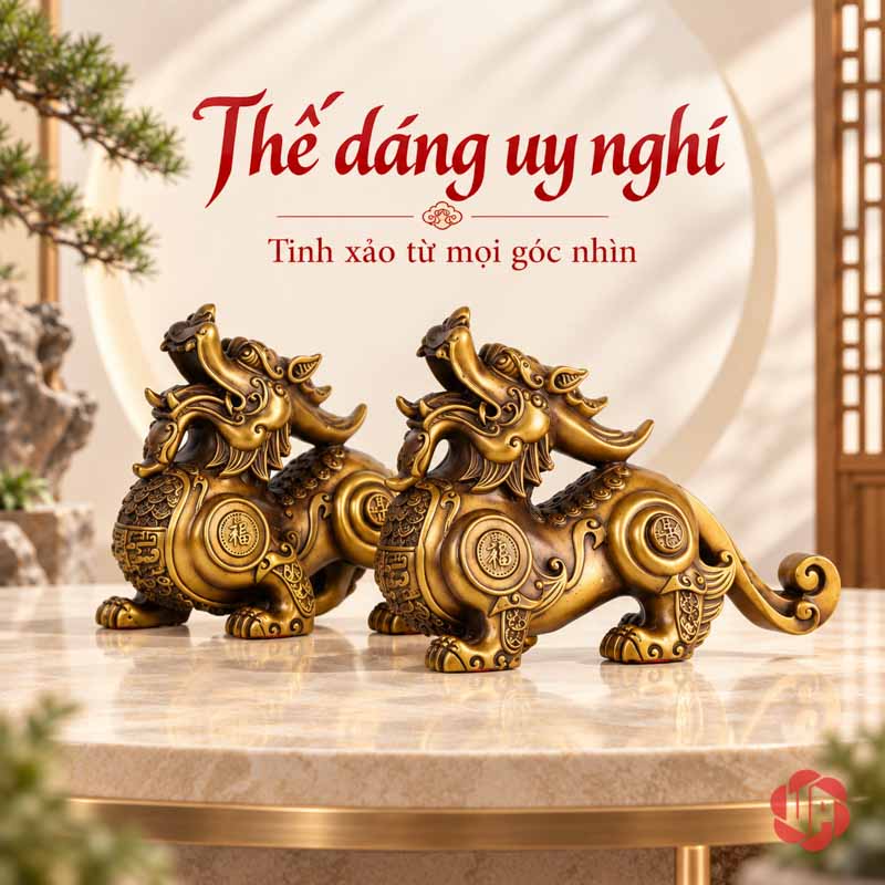 Cặp Tượng Tỳ Hưu Phong Thủy Bằng Đồng UPD002 Hai tượng tỳ hưu phong thủy nhìn chếch bên, thể hiện chân và phần thân