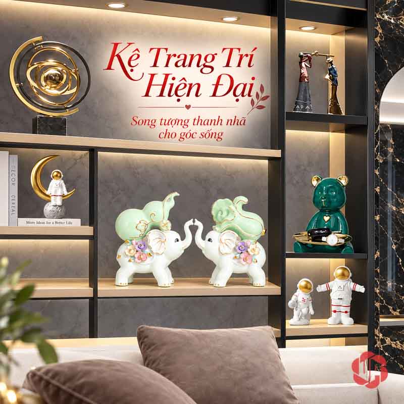 Tượng Trang Trí Đôi Voi Tài Lộc Hồ Lô Và Bắp Cải UPS033 Đôi voi đặt trong khoang kệ có đèn và các món decor