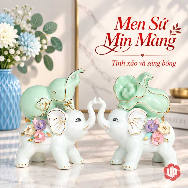 Tượng Trang Trí Đôi Voi Tài Lộc Hồ Lô Và Bắp Cải UPS033 Đôi voi gốm sứ sáng bóng trên mặt tủ sáng