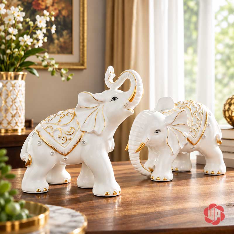 Đồ Trang Trí Nhà Đẹp Đôi Voi Gốm Sứ May Mắn UPS015 Đôi voi gốm sứ trắng phối vàng trên bàn phòng khách