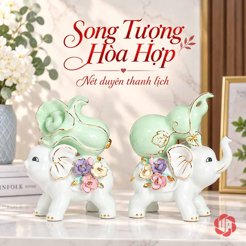 Tượng Trang Trí Đôi Voi Tài Lộc Hồ Lô Và Bắp Cải UPS033 Đôi voi hồ lô bắp cải đặt quay ra hai phía
