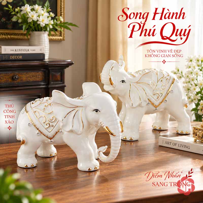 Đồ Trang Trí Nhà Đẹp Đôi Voi Gốm Sứ May Mắn UPS015 Đôi voi sứ trắng đặt lệch trước sau bên sách và hoa