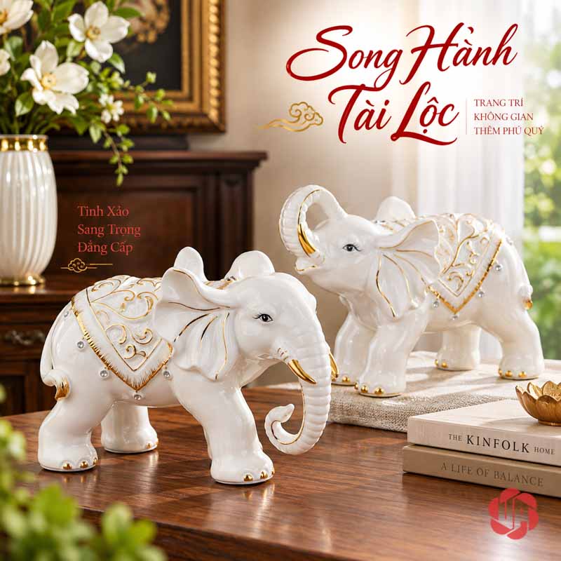 Đồ Trang Trí Nhà Đẹp Đôi Voi Gốm Sứ May Mắn UPS015 Đôi voi trắng bày lệch bên bình hoa và chồng sách