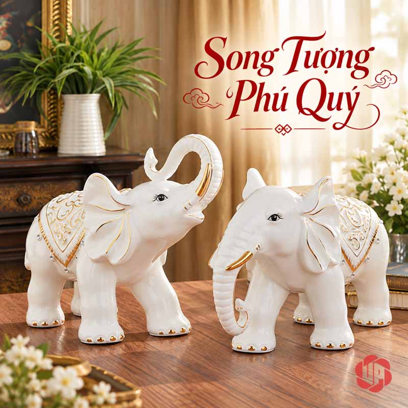 Đồ Trang Trí Nhà Đẹp Đôi Voi Gốm Sứ May Mắn UPS015 Đôi voi trắng phối vàng đặt cạnh nhau trên bàn gỗ