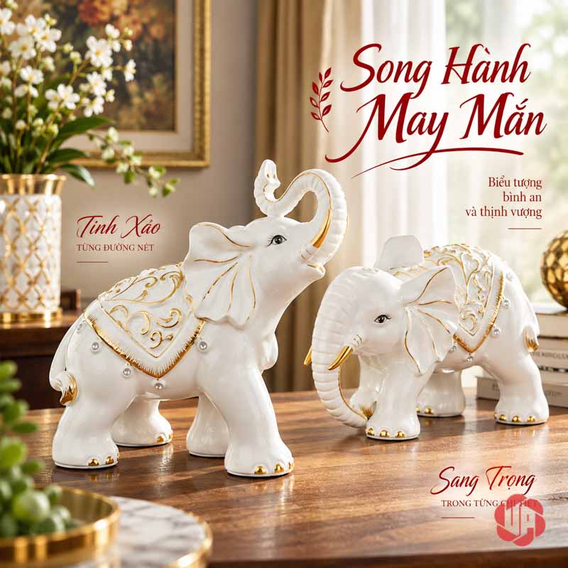 Đồ Trang Trí Nhà Đẹp Đôi Voi Gốm Sứ May Mắn UPS015 Đôi voi trắng vàng trong phối cảnh phòng khách có hoa