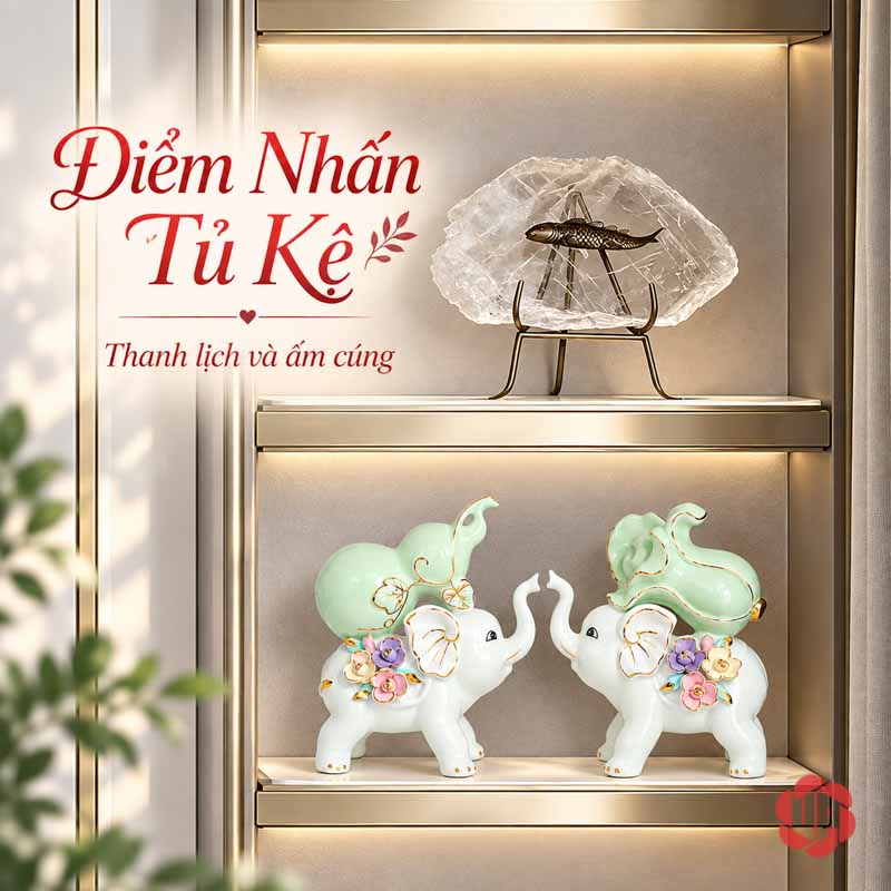 Tượng Trang Trí Đôi Voi Tài Lộc Hồ Lô Và Bắp Cải UPS033 Đôi voi trong khoang tủ dưới món decor dạng đĩa