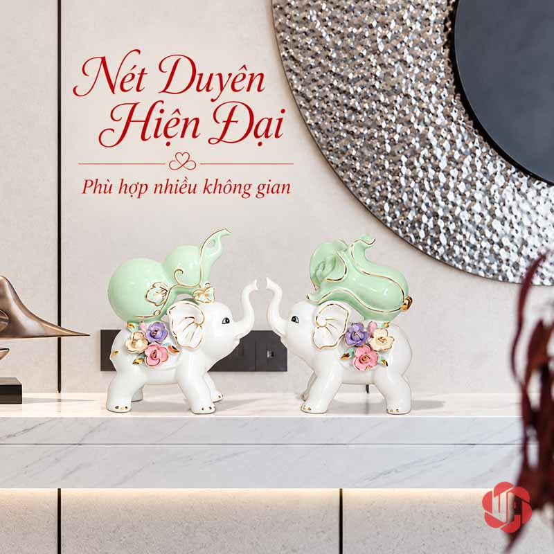Tượng Trang Trí Đôi Voi Tài Lộc Hồ Lô Và Bắp Cải UPS033 Đôi voi xanh trắng trên mặt tủ dưới gương tròn