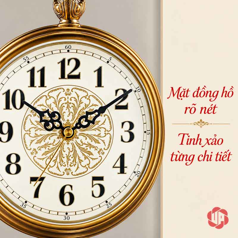 Đồng Hồ Để Bàn Đôi Cá Chép, Song Ngư Vọng Nguyệt UPHB24 Cận mặt đồng hồ số Ả Rập với kim đen và hoa văn trung tâm