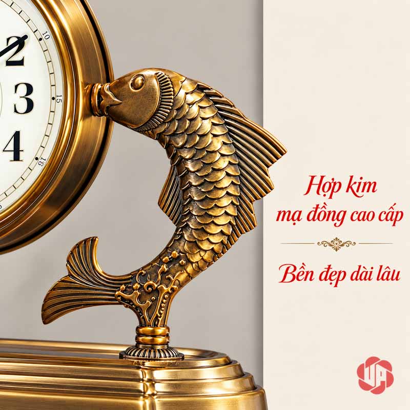 Đồng Hồ Để Bàn Đôi Cá Chép, Song Ngư Vọng Nguyệt UPHB24 Cận một cá chép và viền đồng hồ, ảnh ghi hợp kim mạ đồng