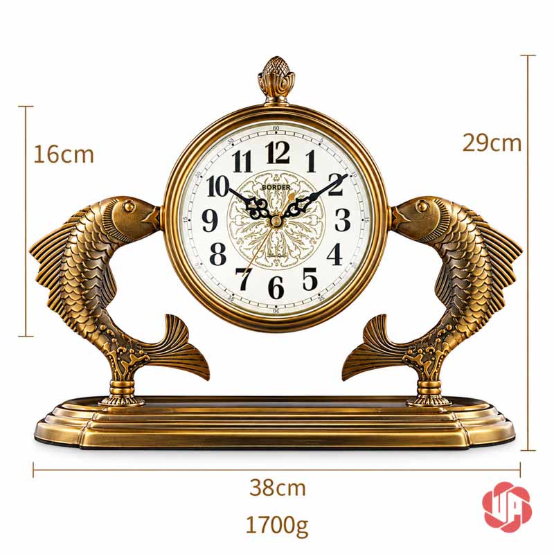 Đồng Hồ Để Bàn Đôi Cá Chép, Song Ngư Vọng Nguyệt UPHB24 Ảnh đồng hồ đôi cá chép ghi rộng 38 cm, cao 29 cm, nặng 1700 g