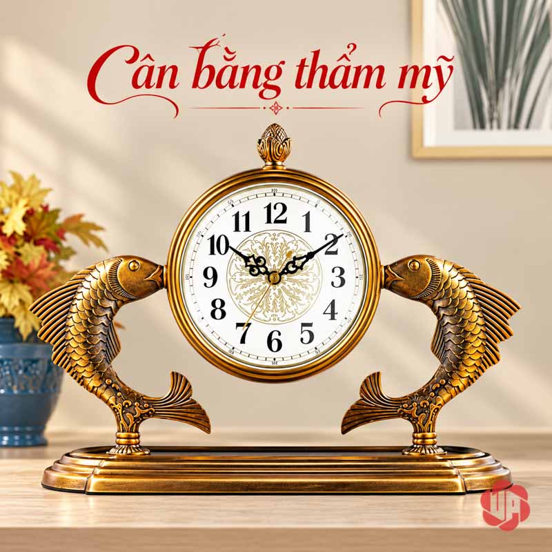 Đồng Hồ Để Bàn Đôi Cá Chép, Song Ngư Vọng Nguyệt UPHB24 Đồng hồ đôi cá chép trên mặt tủ sáng cạnh bình hoa tông ấm