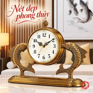 Đồng hồ đôi cá chép trên bàn trước sofa sáng và tranh cá