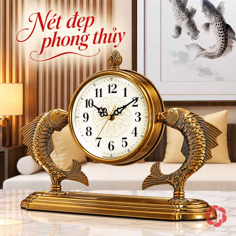 Đồng Hồ Để Bàn Đôi Cá Chép, Song Ngư Vọng Nguyệt UPHB24 Đồng hồ đôi cá chép trên bàn trước sofa sáng và tranh cá